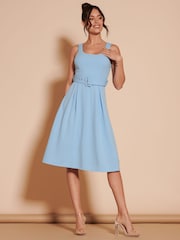 Jolie Moi Blue 1950's Inspired Belted Swing Dress - Image 5 of 6