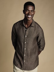 Charles Tyrwhitt Brown/Cream Slim Fit Plain Short Sleeve Pure 100% Linen Shirt - Image 1 of 6
