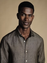 Charles Tyrwhitt Brown/Cream Slim Fit Plain Short Sleeve Pure 100% Linen Shirt - Image 2 of 6