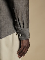 Charles Tyrwhitt Brown/Cream Slim Fit Plain Short Sleeve Pure 100% Linen Shirt - Image 3 of 6