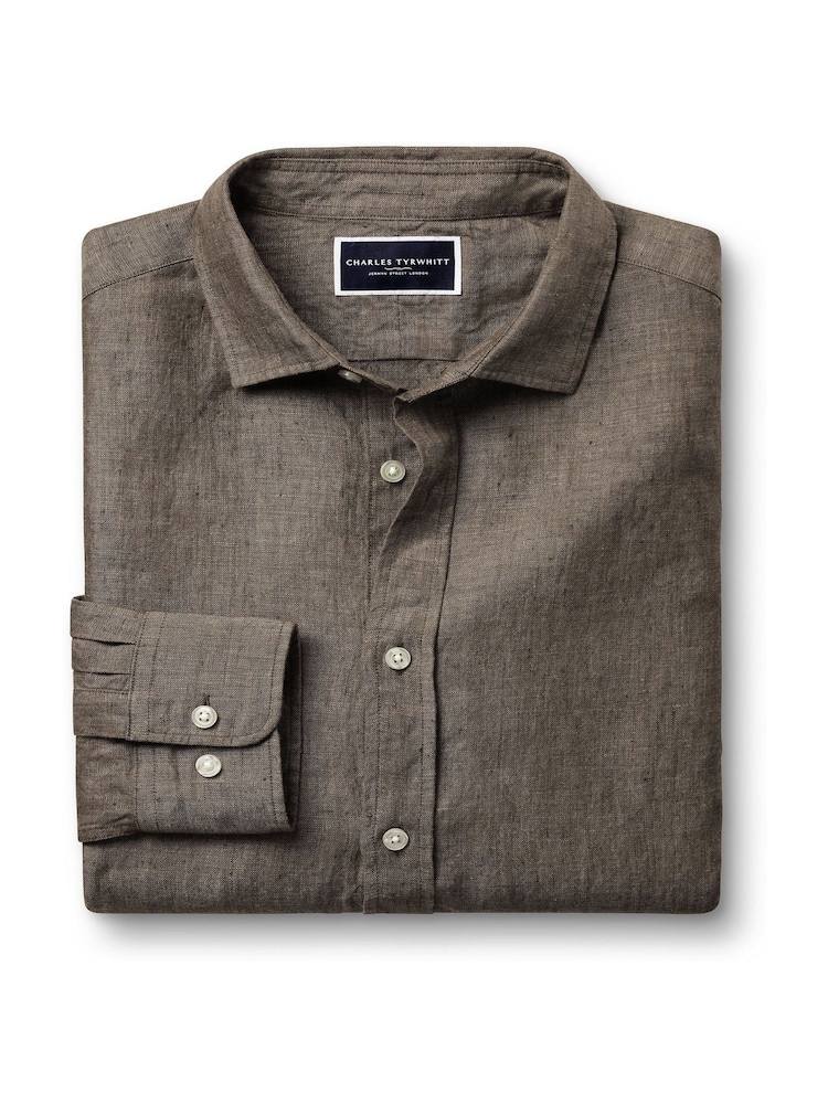 Charles Tyrwhitt Brown/Cream Slim Fit Plain Short Sleeve Pure 100% Linen Shirt - Image 4 of 6