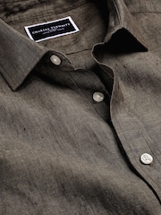 Charles Tyrwhitt Brown/Cream Slim Fit Plain Short Sleeve Pure 100% Linen Shirt - Image 5 of 6