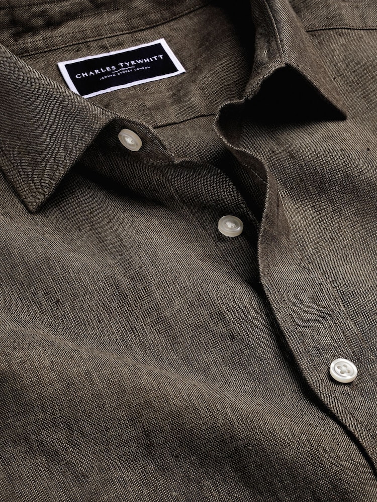 Charles Tyrwhitt Brown/Cream Slim Fit Plain Short Sleeve Pure 100% Linen Shirt - Image 5 of 6