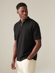 Black Regular Fit Smart Quarter Zip 100% Cotton Polo Shirt - Image 1 of 7