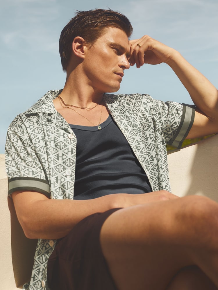 Reiss Ivory/Sage Idra Reiss | Ché Monogram Print Cuff Detail Cuban Collar Shirt - Image 1 of 6