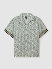 Reiss Ivory/Sage Idra Reiss | Ché Monogram Print Cuff Detail Cuban Collar Shirt - Image 2 of 6