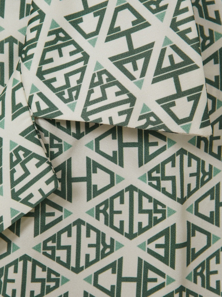 Reiss Ivory/Sage Idra Reiss | Ché Monogram Print Cuff Detail Cuban Collar Shirt - Image 3 of 6