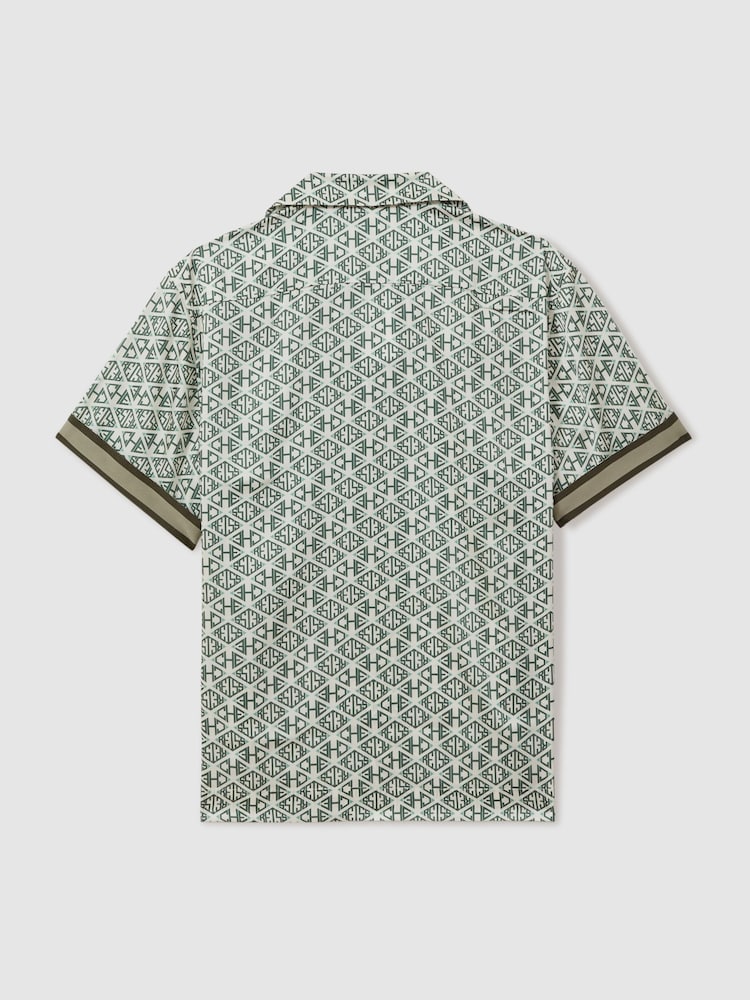 Reiss Ivory/Sage Idra Reiss | Ché Monogram Print Cuff Detail Cuban Collar Shirt - Image 4 of 6