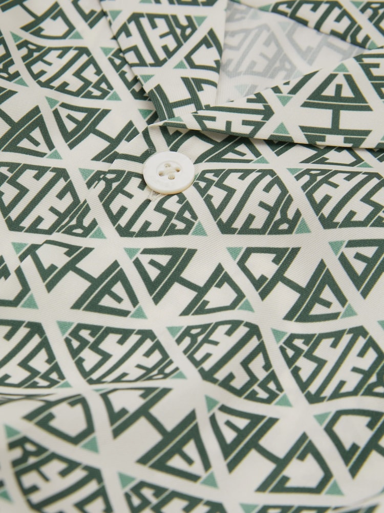 Reiss Ivory/Sage Idra Reiss | Ché Monogram Print Cuff Detail Cuban Collar Shirt - Image 6 of 6