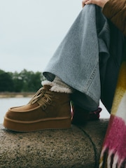 Tan Brown Suede Faux Fur Lined Flatform Lace-Up Boots - Image 1 of 3