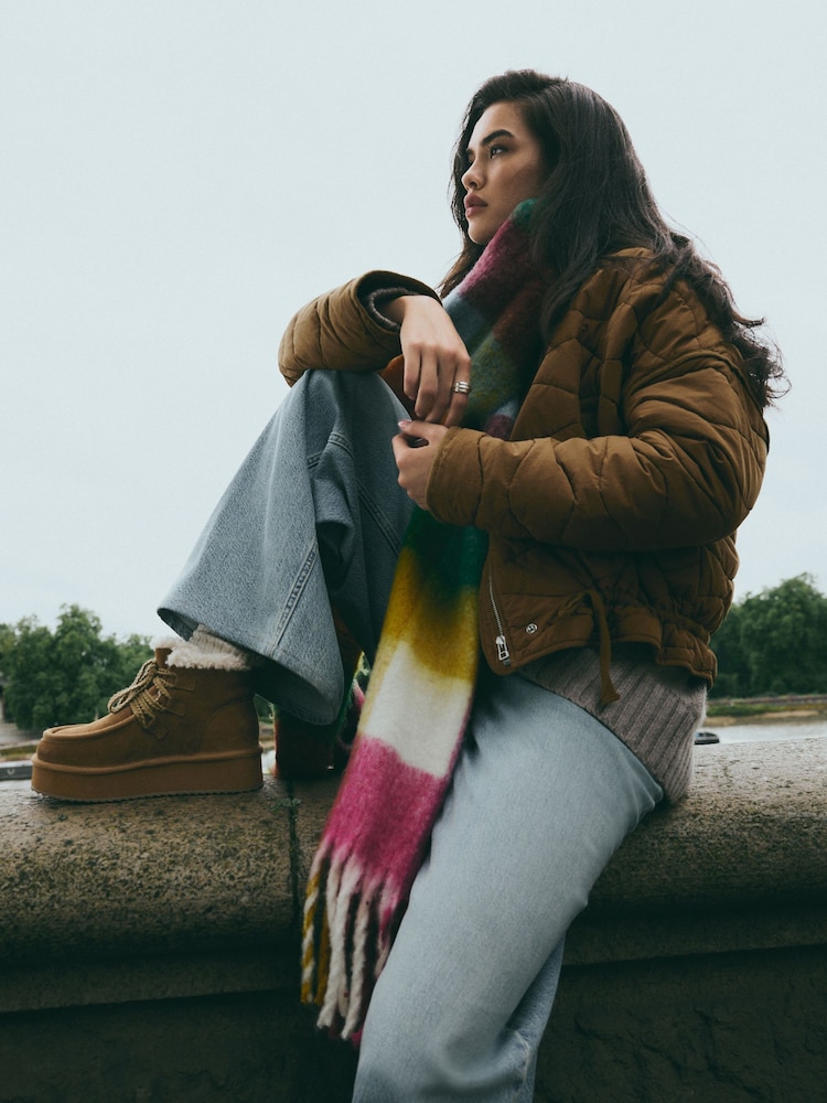 Tan Brown Suede Faux Fur Lined Flatform Lace-Up Boots - Image 2 of 3