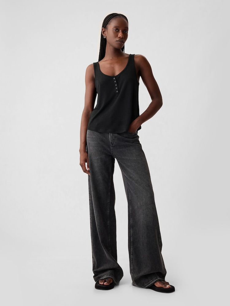 Gap Black Linen Blend Sleeveless Henley Vest Top - Image 1 of 4 Gap Black Linen Blend Sleeveless Henley Vest Top - Image 1 of 4