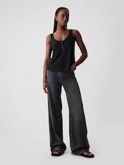 Gap Black Linen Blend Sleeveless Henley Vest Top - Image 3 of 4