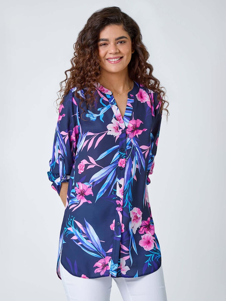 Roman Blue Tropical Print Longline Blouse - Image 1 of 5