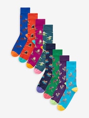 Green/Blue Bright Animal Fun Pattern Socks 8 Pack - Image 1 of 10