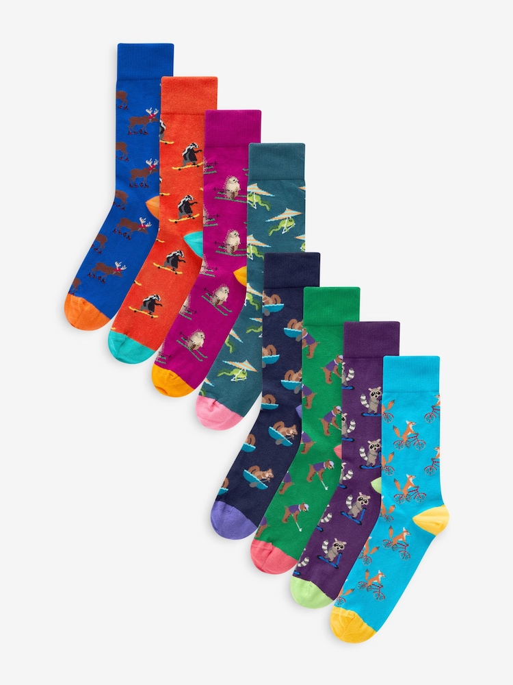 Green/Blue Bright Animal Fun Pattern Socks 8 Pack - Image 1 of 10
