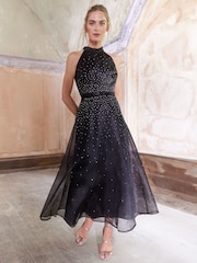 Love & Roses Black Hotfix Embellished Halter Neck Midi Dress - Image 1 of 4