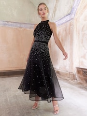 Love & Roses Black Hotfix Embellished Halter Neck Midi Dress - Image 3 of 4