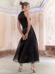 Love & Roses Black Hotfix Embellished Halter Neck Midi Dress - Image 4 of 4