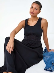 Roman Black Cotton Blend Lace Detail Midi Dress - Image 1 of 5