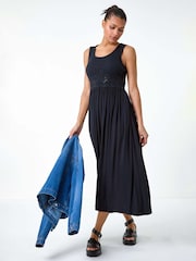 Roman Black Cotton Blend Lace Detail Midi Dress - Image 2 of 5