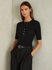 Reiss Black Emily Wool Blend Button Detail Top - Image 1 of 6