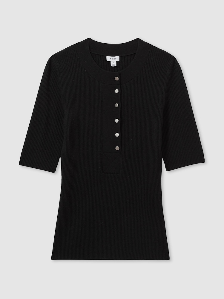 Reiss Black Emily Wool Blend Button Detail Top - Image 2 of 6