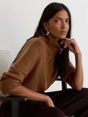 Reiss Tan Brown Saffron Wool-Cashmere Half-Zip Jumper - Image 1 of 6