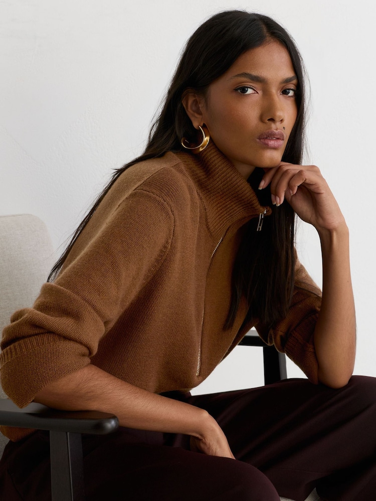 Reiss Tan Brown Saffron Wool-Cashmere Half-Zip Jumper - Image 1 of 6 Reiss Tan Brown Saffron Wool-Cashmere Half-Zip Jumper - Image 1 of 6