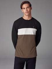 Black/Tan Long Sleeve Block 100% Cotton T-Shirt - Image 1 of 7