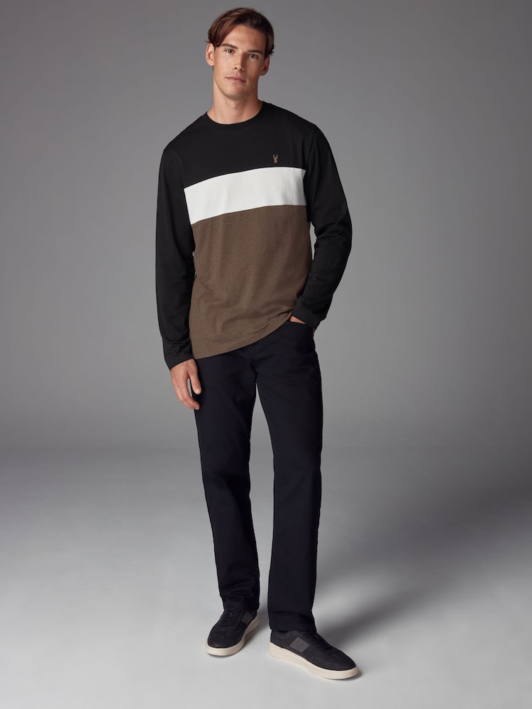 Black/Tan Long Sleeve Block 100% Cotton T-Shirt - Image 2 of 7
