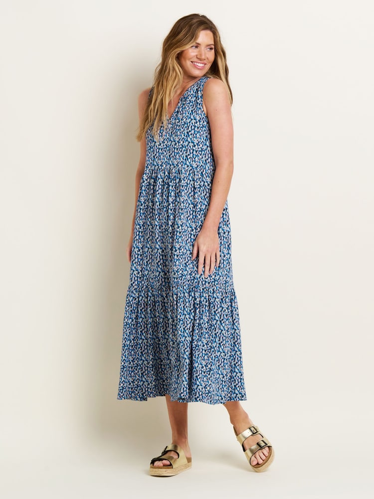 Brakeburn Blue 100% Cotton Brushed Camo Notch Maxi Dress - Image 1 of 4
