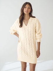 White Ecru Collar V-Neck Long Sleeve Cable Knitted Short Mini Jumper Dress - Image 1 of 8