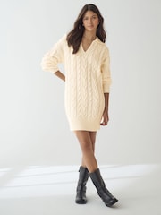 White Ecru Collar V-Neck Long Sleeve Cable Knitted Short Mini Jumper Dress - Image 2 of 8