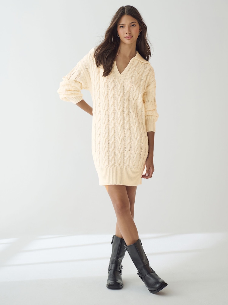 White Ecru Collar V-Neck Long Sleeve Cable Knitted Short Mini Jumper Dress - Image 2 of 8