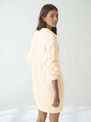 White Ecru Collar V-Neck Long Sleeve Cable Knitted Short Mini Jumper Dress - Image 4 of 8