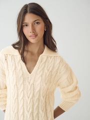 White Ecru Collar V-Neck Long Sleeve Cable Knitted Short Mini Jumper Dress - Image 5 of 8