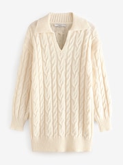 White Ecru Collar V-Neck Long Sleeve Cable Knitted Short Mini Jumper Dress - Image 6 of 8