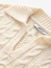 White Ecru Collar V-Neck Long Sleeve Cable Knitted Short Mini Jumper Dress - Image 8 of 8