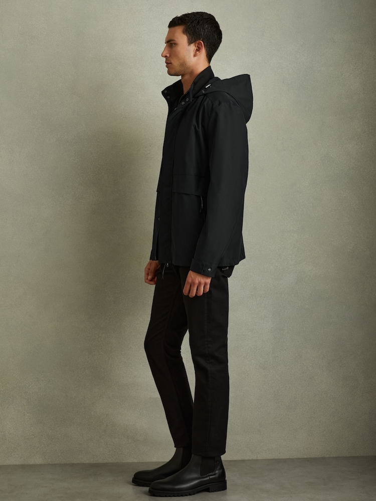 Reiss Navy Earlsfield Drawstring Hem Technical Hooded Jacket - Image 1 of 6
