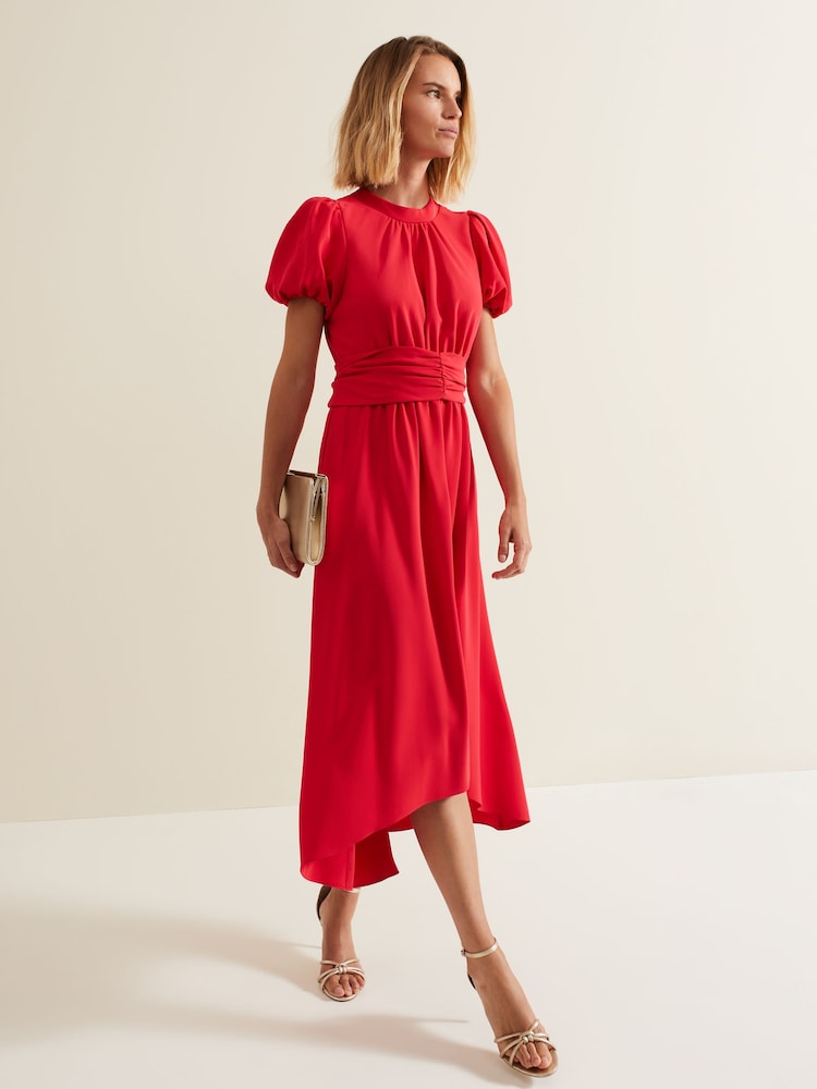 Phase Eight Coral Pink Paulina Puff Sleeve Midi Dress - Image 1 of 6