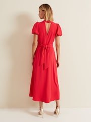 Phase Eight Coral Pink Paulina Puff Sleeve Midi Dress - Image 2 of 6