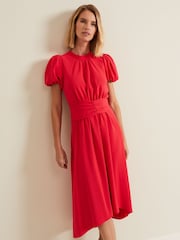 Phase Eight Coral Pink Paulina Puff Sleeve Midi Dress - Image 3 of 6