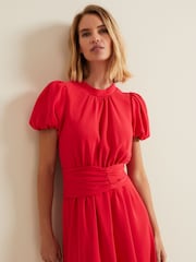 Phase Eight Coral Pink Paulina Puff Sleeve Midi Dress - Image 4 of 6