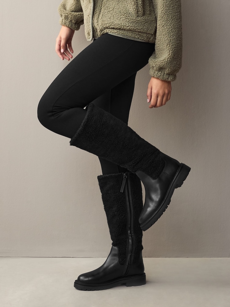 Black Leather Forever Comfort® Borg Lined Knee High Boots - Image 1 of 8