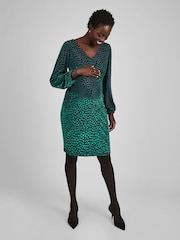 JoJo Maman Bébé Teal Green Devore Spot V-Neck Maternity Mini Dress - Image 1 of 4