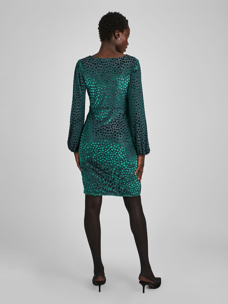JoJo Maman Bébé Teal Green Devore Spot V-Neck Maternity Mini Dress - Image 2 of 4