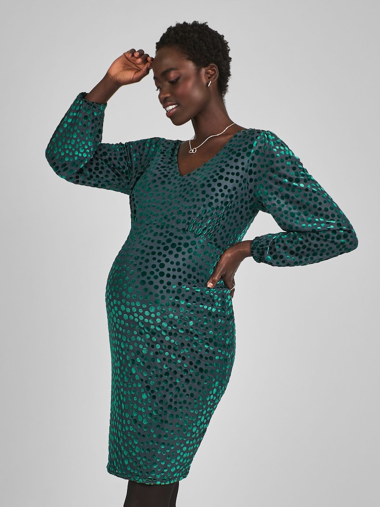 JoJo Maman Bébé Teal Green Devore Spot V-Neck Maternity Mini Dress - Image 3 of 4