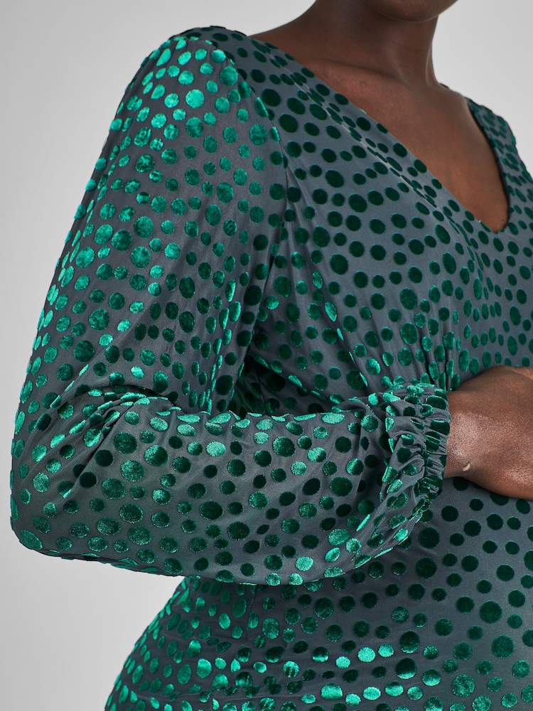 JoJo Maman Bébé Teal Green Devore Spot V-Neck Maternity Mini Dress - Image 4 of 4