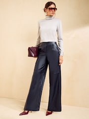 Friends Like These Navy Blue Petite Faux Leather Tailored Wide Leg Trousers - Image 4 of 5